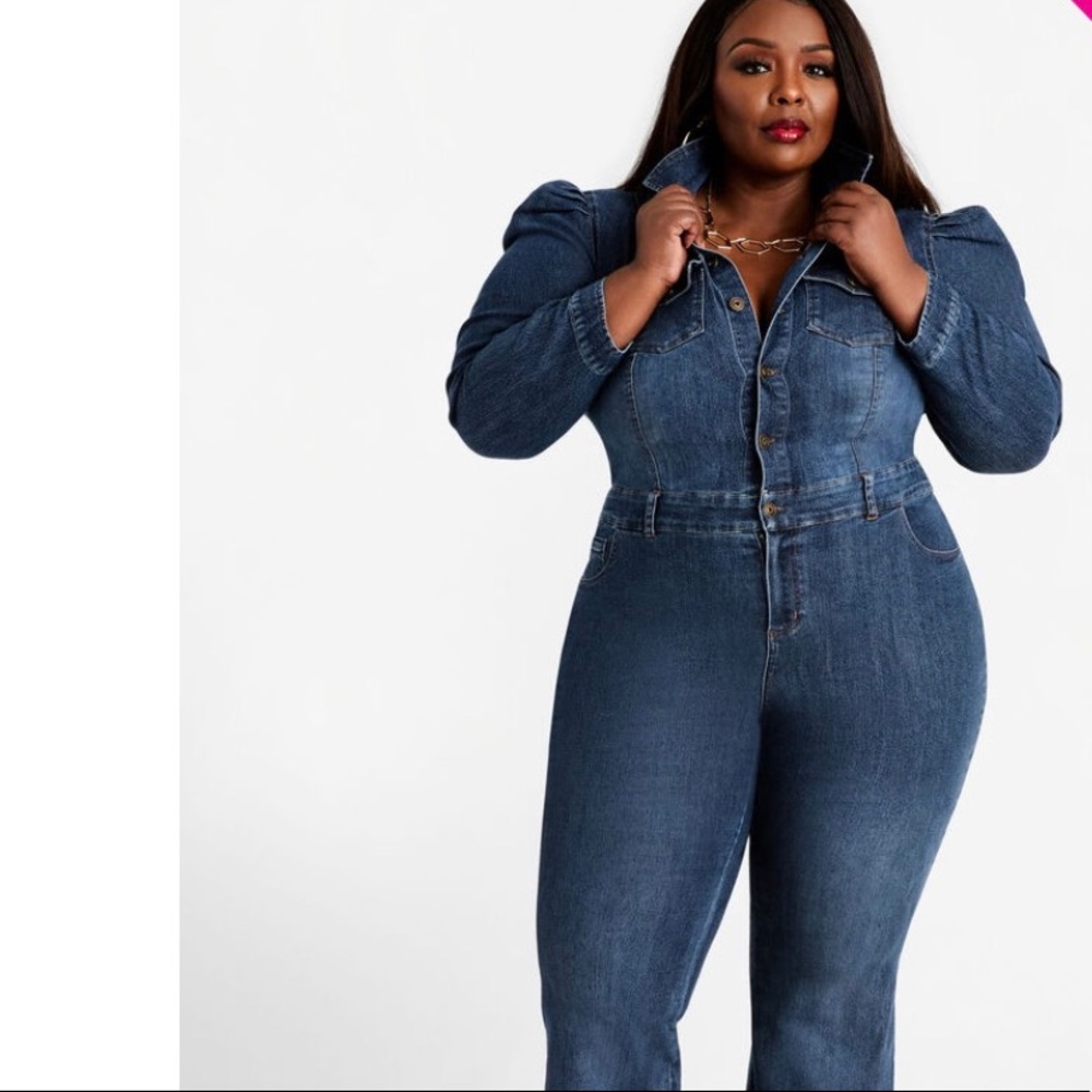 Brand New Ashley Stewart Denim Puff Sleeve Flared Jumpsuit Size 26